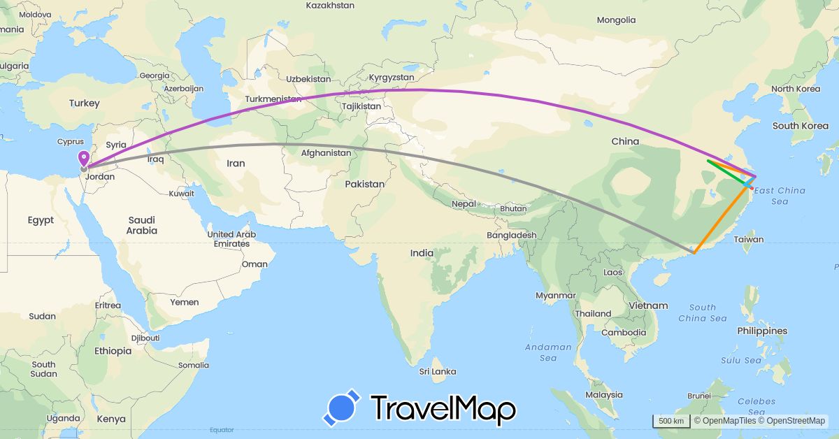 TravelMap itinerary: driving, bus, plane, train, hiking, boat, hitchhiking in China, Israel (Asia)